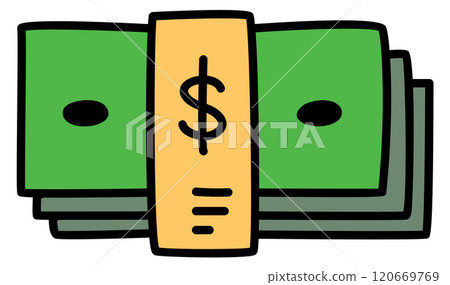 A cartoon drawing of a stack of green bills with a yellow dollar sign on top A cartoon drawing of a stack of green bills with a yellow dollar sign on top 120669769