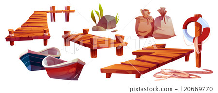 Wooden piers and fishing boats set 120669770