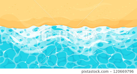 Beach with sand water ripple surface with sunlight reflections in cartoon style, game texture top view. Beach, ocean clean and deep water. Beach with sand water ripple surface with sunlight reflections in cartoon style, game texture top view. Beach, ocean clean and deep water. 120669796
