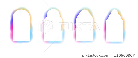 Y2k frame abstract arch, spectrum butterfly glow aura blur shapes, borders, rainbow spectrum shine color isolated on white background.  120669807