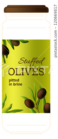 A jar of stuffed olives with a green label 120669817