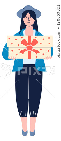 A woman is holding a box with a red bow on it A woman is holding a box with a red bow on it 120669821