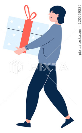 A man is holding a large box with a red bow on top A man is holding a large box with a red bow on top 120669823