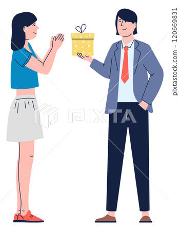 A woman is holding a gift box and is about to give it to another woman 120669831