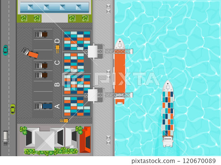 Top view of cargo port with cargo ship full of standard shipping containers. Top view of cargo port with cargo ship full of standard shipping containers. 120670089