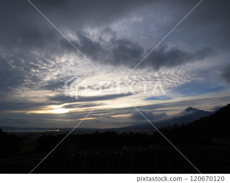 夕陽下閃耀的鱗片雲彩與藍天映襯下的磐梯山輪廓形成鮮明對比,令人印象深刻且美麗。 夕陽下閃耀的鱗片雲彩與藍天映襯下的磐梯山輪廓形成鮮明對比,令人印象深刻且美麗。 120670120