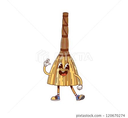 Groovy broom cleaning, washing and household tool cartoon character with confident smile. Isolated vector broomstick personage has expressive eyes, gloved hands and retro sneakers, ready for action 120670274