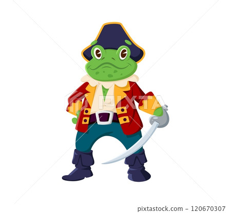Cartoon frog animal pirate and corsair character wearing a navy captain hat, red coat, boots and holding a sword. Isolated vector toad buccaneer personage, conveying an adventurous and brave spirit 120670307