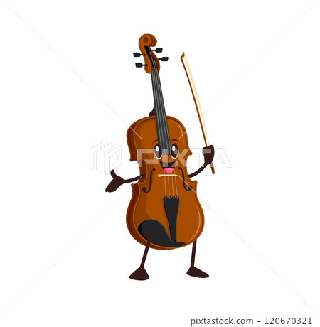 Cartoon funny violin character. Isolated vector musical string instrument, cute cello personage with smiling face and bow in hand playing classic music or promotes educational classes for kids Cartoon funny violin character. Isolated vector musical string instrument, cute cello personage with smiling face and bow in hand playing classic music or promotes educational classes for kids 120670321