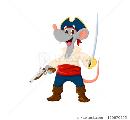 Cartoon rat or mouse animal pirate and corsair character. Isolated vector charming and brave rodent sailor or captain kids story personage with sword and gun, ready for adventure on the high seas Cartoon rat or mouse animal pirate and corsair character. Isolated vector charming and brave rodent sailor or captain kids story personage with sword and gun, ready for adventure on the high seas 120670335