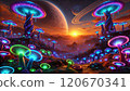 alien luminescent world, alien life flora and fauna 120670341