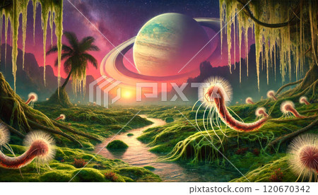 alien world, alien life flora and fauna 120670342