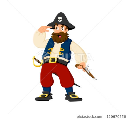 Cartoon pirate, privateer sailor cheerful character. Corsair sailor captain funny character isolated vector personage, filibuster crew skipper or Caribbean pirate cute character looking in distance Cartoon pirate, privateer sailor cheerful character. Corsair sailor captain funny character isolated vector personage, filibuster crew skipper or Caribbean pirate cute character looking in distance 120670356