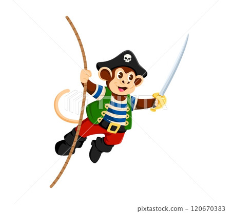 Cartoon monkey pirate and corsair animal character riding a rope with saber in its hand. Isolated vector jungle ape personage donning tricorn captain hat ready for high seas adventures and ship attack 120670383