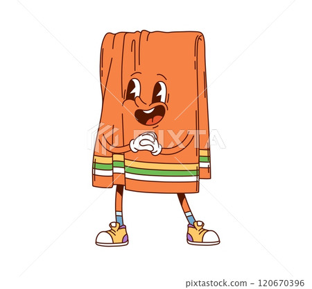 Cartoon groovy towel household character with a friendly smile exudes funky vibe and joy. Isolated vector bath cloth cheerful retro personage laughing joyfully, exudes a warm, friendly homey vibe Cartoon groovy towel household character with a friendly smile exudes funky vibe and joy. Isolated vector bath cloth cheerful retro personage laughing joyfully, exudes a warm, friendly homey vibe 120670396