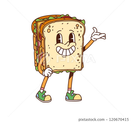 Cartoon groovy fast food sandwich character. Street menu snack cheerful funky character, cute 60s 70s cartoon isolated vector personage. Takeaway sandwich or fast food meal happy sliming mascot Cartoon groovy fast food sandwich character. Street menu snack cheerful funky character, cute 60s 70s cartoon isolated vector personage. Takeaway sandwich or fast food meal happy sliming mascot 120670415