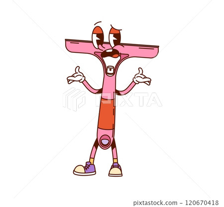Groovy squeegee cleaning, washing, household tool cartoon character with confused expression. Isolated vector retro housekeeping personage conveying cleanup routine, fun, hygiene and home chores 120670418