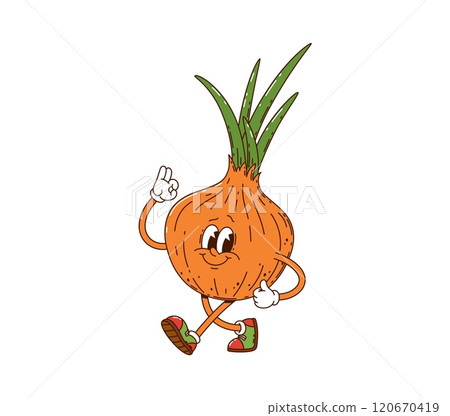 Cartoon groovy onion vegetable character cheerfully strolling. Isolated vector playful ripe farm veg personage with a cheerful expression, wearing sneakers and exudes funky, healthy eating vibes 120670419
