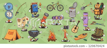 Retro cartoon groovy travel characters vector set. Camping and hiking items, compass, matches, binoculars and tent, bicycle, tin can, shovel or flashlight. Pot, campfire or axe, guitar, sleeping bag Retro cartoon groovy travel characters vector set. Camping and hiking items, compass, matches, binoculars and tent, bicycle, tin can, shovel or flashlight. Pot, campfire or axe, guitar, sleeping bag 120670424