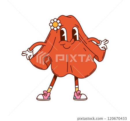 Cartoon groovy cute towel character with funky y2k vibe, smiling and wearing sneakers. Isolated vector household item retro personage with friendly face, bright red color and adorned with daisy flower Cartoon groovy cute towel character with funky y2k vibe, smiling and wearing sneakers. Isolated vector household item retro personage with friendly face, bright red color and adorned with daisy flower 120670433