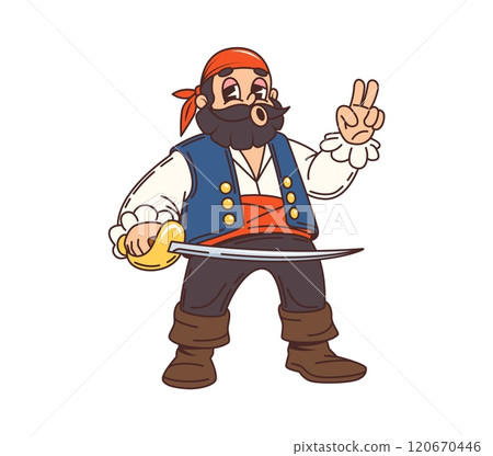 Cartoon pirate, filibuster captain cute character. Filibuster captain isolated vector funny character, corsair sailor skipper personage or Caribbean pirate bandit boatswain whistling and holding sabre 120670446