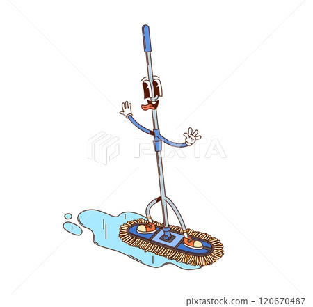 Groovy mop cleaning, washing and household tool cartoon character. Isolated vector fun housework personage embodies cleanup chores with playful twist, emphasizing cleanliness, and retro hippie vibe Groovy mop cleaning, washing and household tool cartoon character. Isolated vector fun housework personage embodies cleanup chores with playful twist, emphasizing cleanliness, and retro hippie vibe 120670487
