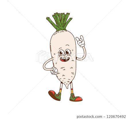 Cartoon groovy daikon vegetable character with big, expressive eyes and a friendly smile flashing a funky rock hand gesture. Isolated vector radish, farm food retro personage exudes playful vibes 120670492