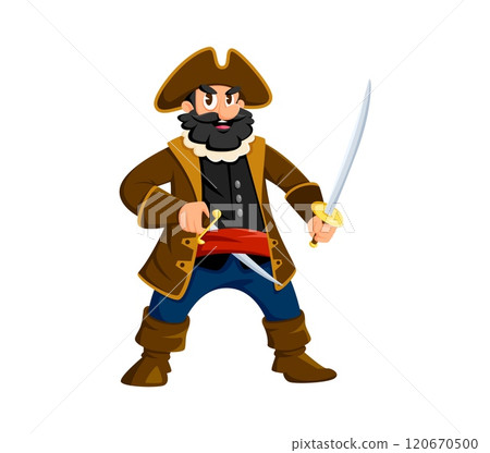 Cartoon pirate, filibuster bandit happy character. Filibuster sailor captain cute isolated vector personage, corsair crew skipper funny character or Caribbean pirate boatswain with sabre and dirk Cartoon pirate, filibuster bandit happy character. Filibuster sailor captain cute isolated vector personage, corsair crew skipper funny character or Caribbean pirate boatswain with sabre and dirk 120670500