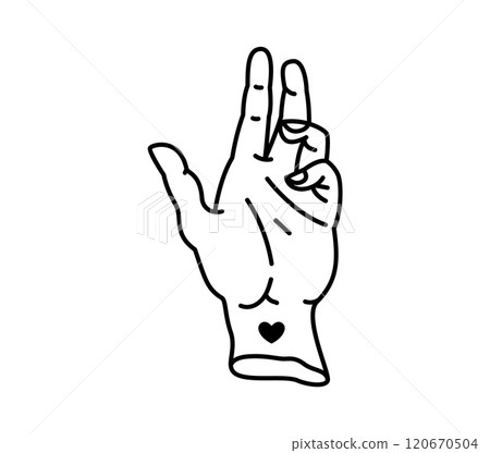 Y2k line art hand making a symbolic gesture with a small heart tattoo on the wrist. Isolated vector black and white linear human palm, symbol for gothic culture or tattoo inspired themes 120670504
