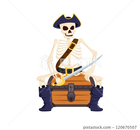Cartoon skeleton pirate and corsair character sitting on treasure chest, sternly guarding his loot, adorned in a classic captain filibuster outfit with a cocked hat. Isolated vector Halloween skeleton Cartoon skeleton pirate and corsair character sitting on treasure chest, sternly guarding his loot, adorned in a classic captain filibuster outfit with a cocked hat. Isolated vector Halloween skeleton 120670507