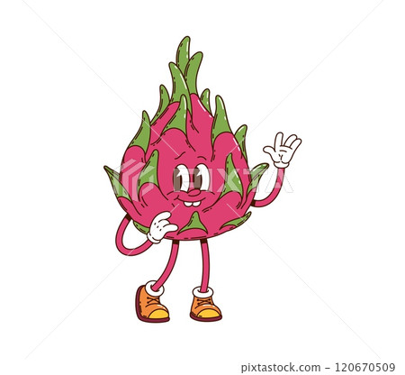 Cartoon groovy tropical dragon fruit character. Isolated vector pitahaya or dragonfruit retro personage with expressive face, standing in playful pose, smiling and wearing trendy, hippie sneakers Cartoon groovy tropical dragon fruit character. Isolated vector pitahaya or dragonfruit retro personage with expressive face, standing in playful pose, smiling and wearing trendy, hippie sneakers 120670509