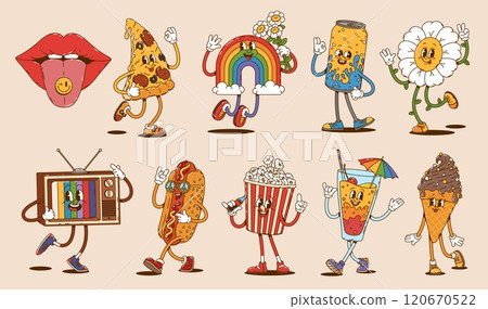 Cartoon retro groovy characters, soda can and pizza, ice cream and hot dog personages, tv and rainbow, popcorn and daisy flower, cocktail and woman lips. Vector funky, psychedelic, nostalgic y2k set Cartoon retro groovy characters, soda can and pizza, ice cream and hot dog personages, tv and rainbow, popcorn and daisy flower, cocktail and woman lips. Vector funky, psychedelic, nostalgic y2k set 120670522