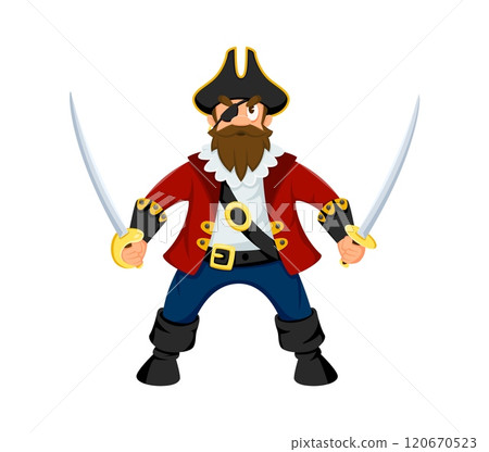 Cartoon pirate, corsair bandit comical character. Caribbean pirate ship skipper isolated vector personage, filibuster bandit captain or corsair sailor happy character with two swords and eye patch Cartoon pirate, corsair bandit comical character. Caribbean pirate ship skipper isolated vector personage, filibuster bandit captain or corsair sailor happy character with two swords and eye patch 120670523