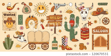 Wild West Western groovy characters and items. Cartoon funny cowboy hat, boots and Texas sheriff gun, bull skull, cactus and sun personages. Retro groovy saloon door, wanted poster and dynamite sticks 120670531