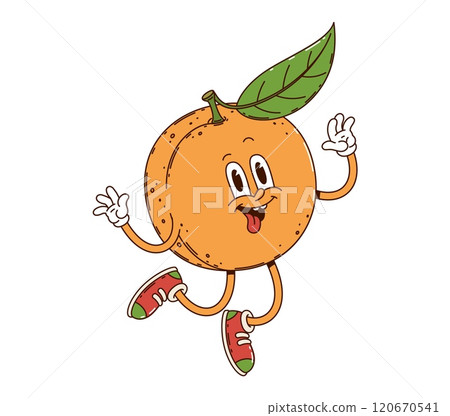 Cartoon groovy tropical orange or tangerine fruit character. Isolated vector mandarin citrus fruit personage jumping with happy, quirky and joyful expression, exudes funky and hippie summer vibe 120670541