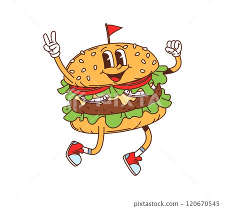 Cartoon groovy fast food cheeseburger character. Fast food cafe burger cheerful 60s 70s mascot, cartoon isolated vector happy character. Takeaway menu snack or street restaurant meal cute personage Cartoon groovy fast food cheeseburger character. Fast food cafe burger cheerful 60s 70s mascot, cartoon isolated vector happy character. Takeaway menu snack or street restaurant meal cute personage 120670545