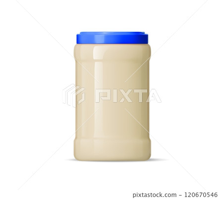 Mayonnaise sauce glass package. Realistic 3d vector glass or plastic jar with a blue lid. Isolated food packaging for advertising and product demonstration emphasizing production quality and freshness 120670546