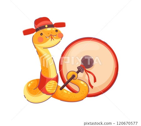 Cartoon snake character in festive red hat and outfit striking large gong celebrates 2025 Lunar Year with a cheerful festive vibe. Isolated vector playful reptile zodiac animal symbol of the New year 120670577