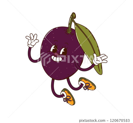 Cartoon groovy black olive vegetable character with vibrant sneakers and welcoming smile, joyfully jumping, captures playful spirit of laid back 60 era. Isolated vector Mediterranean cuisine personage 120670583