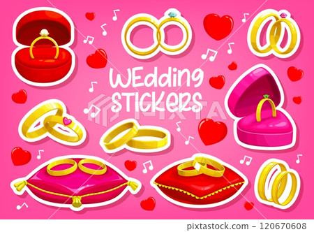 Marriage, engagement and wedding rings stickers pack on pink hearts vector background. Cartoon gift boxes and jewelry display pillows with gold wedding and engagement rings with diamond gems 120670608
