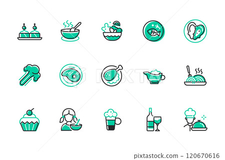 Food for lunch and dinner - set of line design style icons Food for lunch and dinner - set of line design style icons 120670616