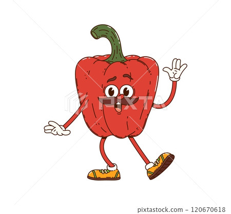Cartoon groovy red bell pepper vegetable character. Isolated vector mustached fun fresh paprika veg personage with expressive eyes, waving hand, promoting healthy eating and nutrition for kids menu 120670618