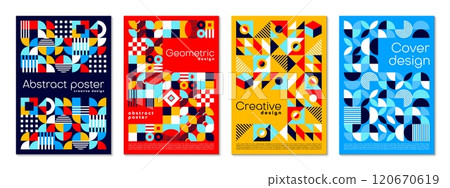 Abstract modern geometric Bauhaus posters set. Business presentation leaflets vector page with retro minimalism pattern. Corporate identity flyers or posters layouts with abstract geometrical shapes 120670619