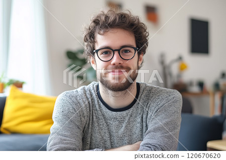 Smiling man with his arms crossed in his living room (AI-generated image) 120670620