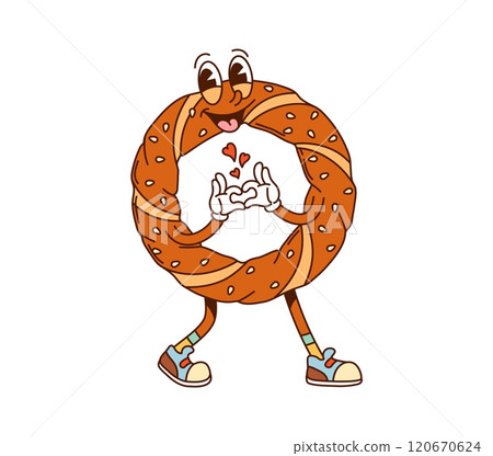 Cartoon Turkish bagel simit groovy fast food character. Funny vector bakery, Istanbul cafe pastry or dessert retro personage with sesame seeds and hippie sneakers showing heart gesture, exudes love Cartoon Turkish bagel simit groovy fast food character. Funny vector bakery, Istanbul cafe pastry or dessert retro personage with sesame seeds and hippie sneakers showing heart gesture, exudes love 120670624