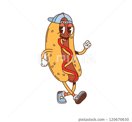Cartoon groovy fast food hot dog character. Takeaway cafe hot dog cute vintage personage, 60s 70s cartoon isolated vector character. Fast food snack or street menu meal funny groovy mascot wearing cap Cartoon groovy fast food hot dog character. Takeaway cafe hot dog cute vintage personage, 60s 70s cartoon isolated vector character. Fast food snack or street menu meal funny groovy mascot wearing cap 120670630