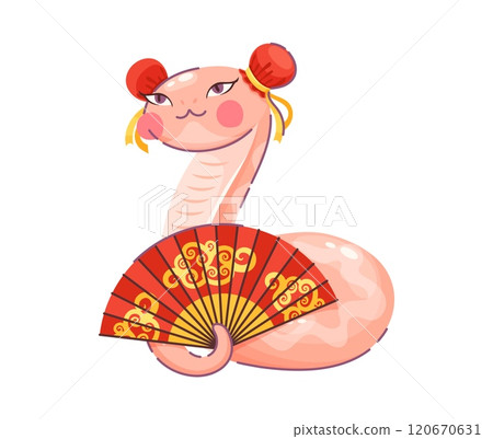 2025 lunar year cartoon snake character holding red fan wearing traditional headdress. Isolated vector pink reptile zodiac animal with a dreamy expression and elegant pose represents Chinese holiday 2025 lunar year cartoon snake character holding red fan wearing traditional headdress. Isolated vector pink reptile zodiac animal with a dreamy expression and elegant pose represents Chinese holiday 120670631