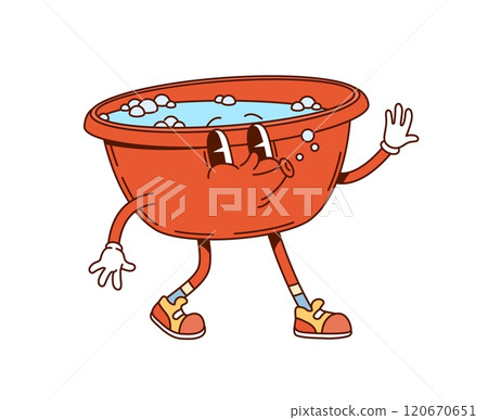 Groovy wash basin cleaning, washing and household cartoon character conveying joy and y2k energy, ready for home tasks. Isolated vector red bowl filled with water and bubbles, embodying retro vibe Groovy wash basin cleaning, washing and household cartoon character conveying joy and y2k energy, ready for home tasks. Isolated vector red bowl filled with water and bubbles, embodying retro vibe 120670651
