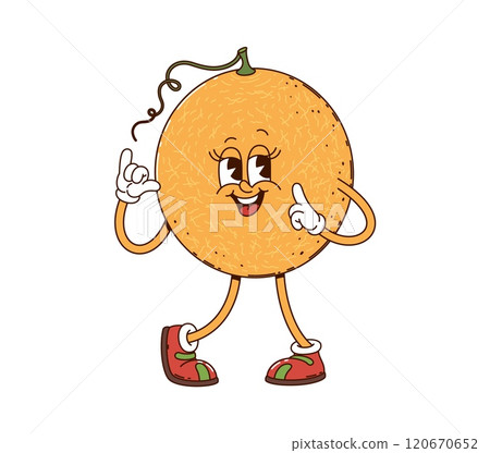 Cartoon groovy melon fruit character with friendly expression, stands confidently with shaka gesture, wearing sneakers. Isolated vector sweet, yellow cheerful melon personage for children book or menu Cartoon groovy melon fruit character with friendly expression, stands confidently with shaka gesture, wearing sneakers. Isolated vector sweet, yellow cheerful melon personage for children book or menu 120670652