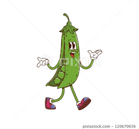 Cartoon groovy green pea vegetable character. Isolated vector green pod retro personage with expressive eyes, wearing vintage sneakers, walking and gesturing confidently with funky hippie y2k vibe Cartoon groovy green pea vegetable character. Isolated vector green pod retro personage with expressive eyes, wearing vintage sneakers, walking and gesturing confidently with funky hippie y2k vibe 120670656